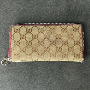 Gucci Beige Monogram Zip Wallet with Burgundy Trim